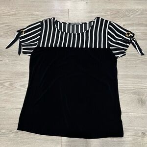 Suzy Shier Women's B&W Striped Blouse Shoulder Tie Short Sleeve Top Size Medium